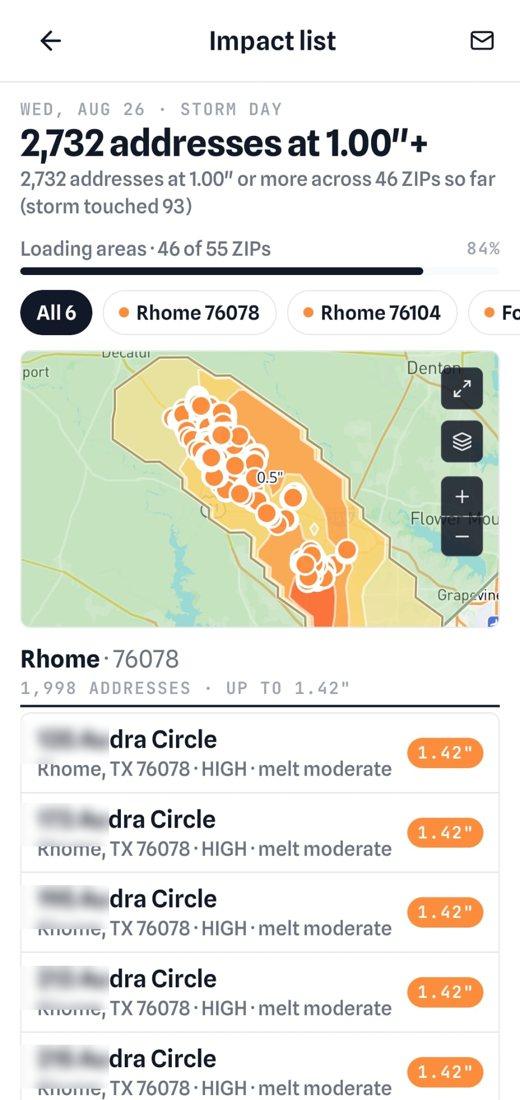 Impact list: 2,732 addresses at 1.00 inch or more for the Aug 26 storm, with the hail size at each roof