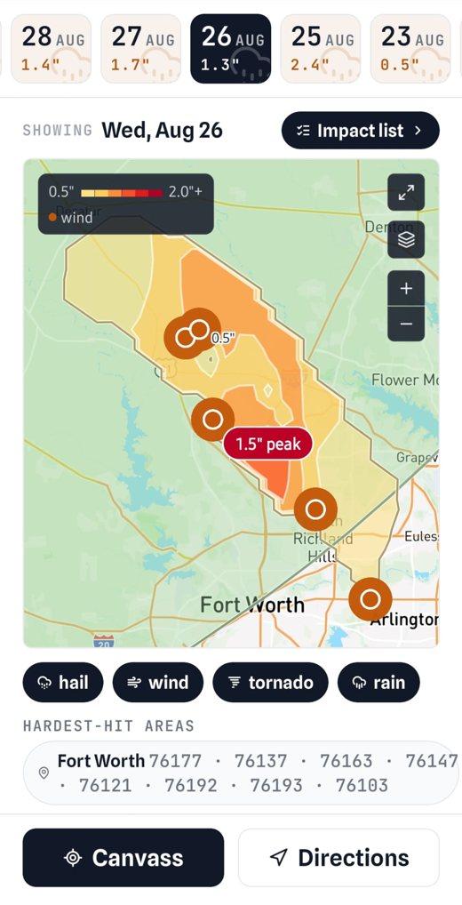 Storm maps: the hail swath for Aug 26 over Fort Worth with the hardest-hit ZIPs